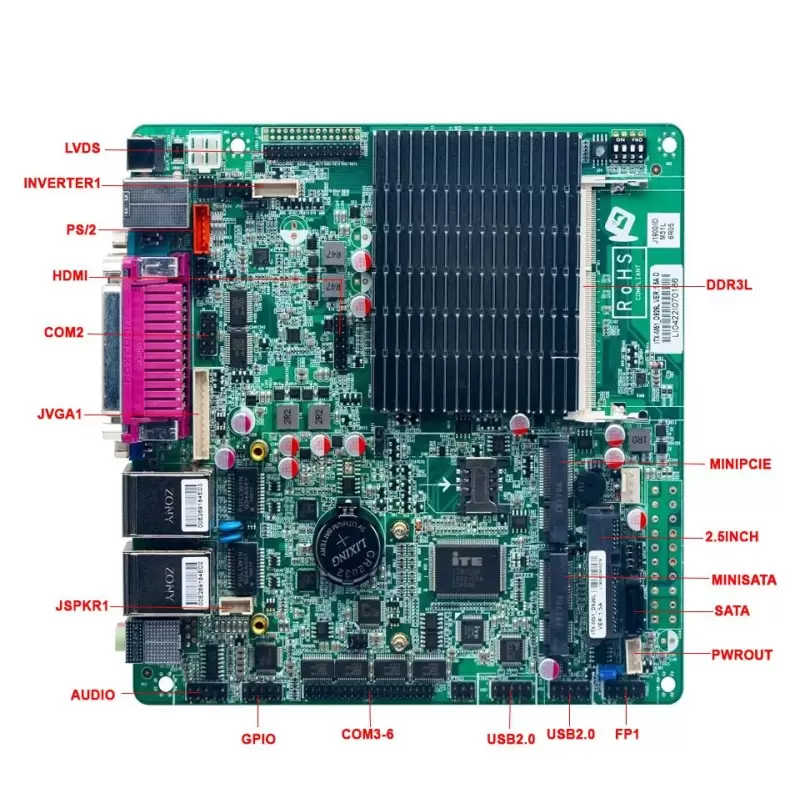 مادربرد صنعتی بدون فن  دو هسته ای J1800 / یک پورت lpt و یک پورت سریال / kc5515 محصول کویرکامپیوتر