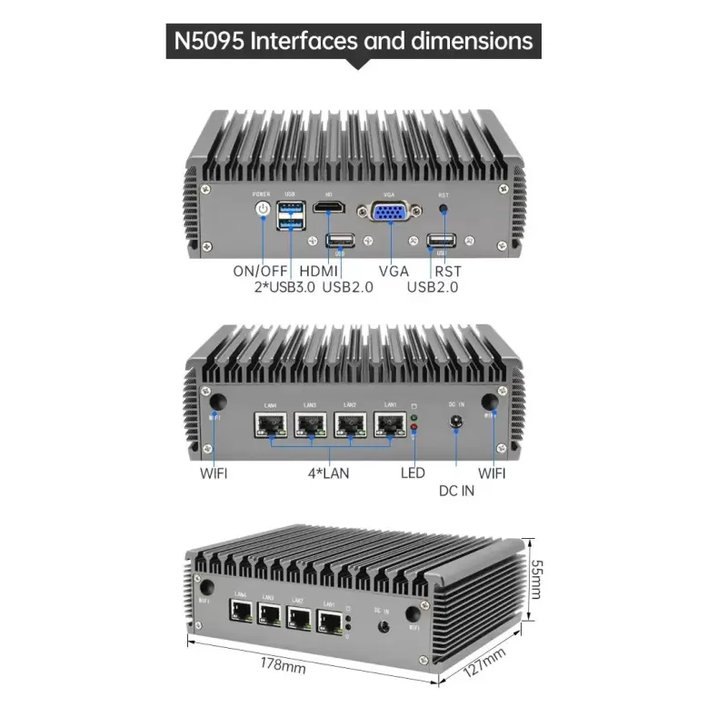 مینی باکس صنعتی و کاربردی و بسیار حرفه ای CPU N5095 با 4 پورت لن 2.5 گیگ مدل kc5203 - کویر کامپیوتر 